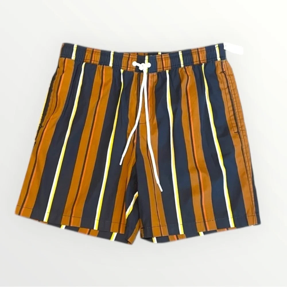 Navy and Mustard Striped Swim Trunks with Elastic Waistband